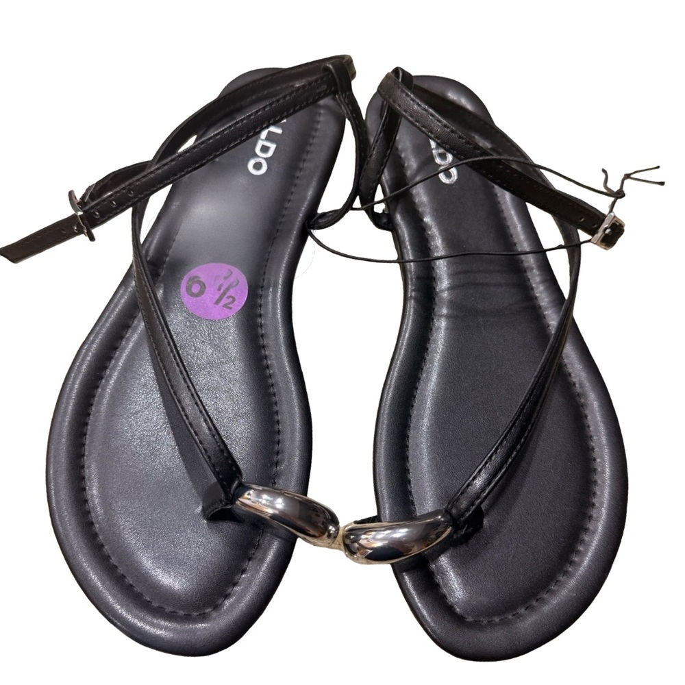 NWT ALDO Black Strappy Flat Sandals Silver Hardware Ankle Strap Women’s 6.5 - Picture 3 of 10